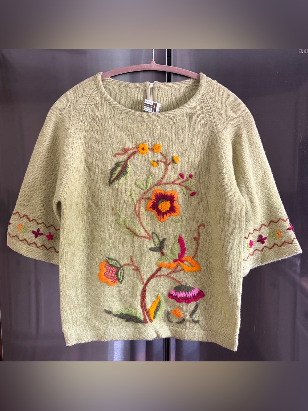 VNTG Helen Harper Virgin Wool Embroidered Sweater Sz S/M Folk Art Boho Cottage